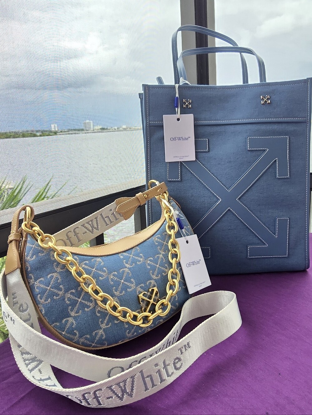 Off-White Blue Denim and Leather Hemisphere Shoulder Bag And Large Boxy Tote